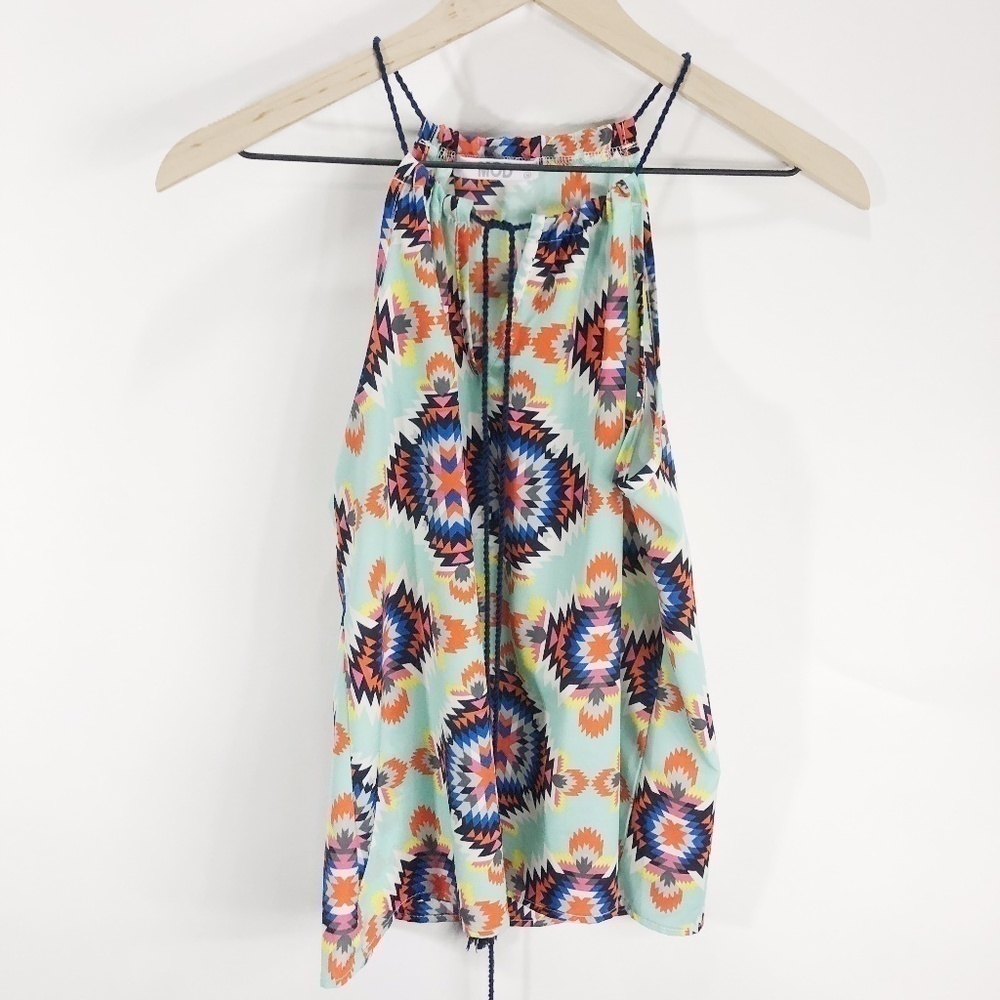 MOD‎ Aztec Print Blue Orange Tassle Sleeveless Blouse M